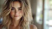 Young Caucasian woman with blonde wavy hair and natural makeup in soft window light, creating warm atmosphere for beauty, skincare, or lifestyle content.