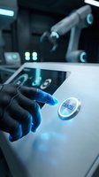 Gloved hand pressing cancel button on futuristic medical equipment control panel with robotic arm in modern laboratory setting for healthcare technology.