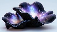 Mystical glowing sea shell with cosmic galaxy pattern featuring purple and blue nebula effects against black background, luminous starry design.