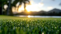 Fresh morning dew drops sparkle on green grass blades at sunrise, with palm trees and mountains silhouetted against golden sky, creating serene natural landscape.