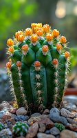 Blooming barrel cactus with vibrant orange flowers on top, growing among rocks in natural garden setting. Sharp spines line green cylindrical body against blurred background.