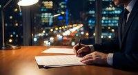 Professional businessman in dark suit signing contract documents at wooden desk with city lights bokeh background during evening hours in modern office.
