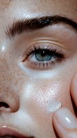 Close-up of bright blue eye with natural freckles and glowing skin. Finger applying moisturizer or skincare product to cheek area showing dewy complexion.