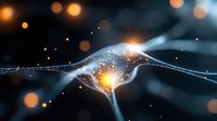 Glowing neural connection with light particles and energy sparks on dark background, representing artificial intelligence and brain synapses in motion.