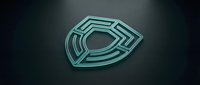 Neon glowing turquoise shield badge with layered geometric lines on dark background, isolated for graphic design, web, gaming, and digital projects.