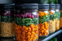 Glass jars filled with layered dried legumes and vegetables including lentils, chickpeas, and colorful produce for pantry storage and meal preparation.