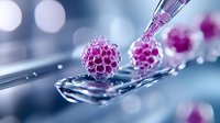 Microscopic view of pink spherical virus cells on glass slide with pipette in laboratory setting against blurred blue background with bokeh effect.