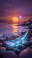 Surreal alien landscape with glowing feather on rocky beach at sunset with dual suns and purple sky reflecting on ocean waves for fantasy art projects.