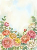 Watercolor ranunculus flowers frame with eucalyptus leaves on soft pastel background for wedding invitations and spring greeting cards.