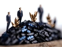Miniature businessman standing on pile of coal with golden wheat stalks, representing energy industry transition and environmental concerns. Business concept.