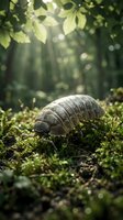 Pill bug woodlouse on moss in sunlit forest with bokeh light rays filtering through green leaves creating magical woodland atmosphere for nature concepts.