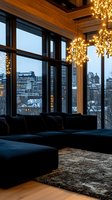 Luxury modern living room with floor-to-ceiling windows overlooking city skyline at dusk, featuring elegant chandeliers and contemporary furniture.