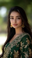 Young South Asian woman wearing traditional emerald green and gold embroidered dress with ornate jhumka earrings, long dark hair flowing naturally against soft bokeh background.