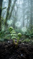 Young fern sprouting from forest soil with floating eco-friendly icons representing sustainability, recycling and environmental conservation in misty woodland.