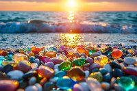 Colorful glass pebbles on beach shore at sunset with waves and golden sunlight reflection on ocean surface, creating magical coastal atmosphere.