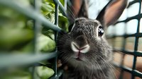 Close up portrait of gray rabbit peeking through garden fence with green foliage, showing curious expression and pink nose, creating engaging nature moment.