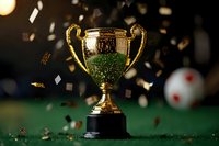 Golden trophy on green surface with falling confetti and blurred soccer ball, celebrating sports championship victory and achievement.