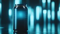 Glass jar silhouetted against blurred blue bokeh background with dramatic lighting and reflective surface creates modern minimalist composition.