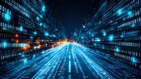 Digital binary code highway with glowing blue light trails and streaming data visualization in dark cyberspace background, representing technology flow.