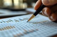 Close-up view of fountain pen analyzing financial data on paper with charts and numbers, showing business person reviewing investment statistics and reports.