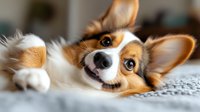 Playful Pembroke Welsh Corgi puppy lying on gray blanket with adorable expression, big ears and tri-colored fur pattern showing happy relaxed mood.