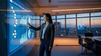 Professional businesswoman analyzing financial data on interactive holographic display in modern office during sunset with city skyline view.
