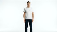 Young adult male, Caucasian ethnicity, wearing plain white t-shirt and dark jeans, standing against white background, isolated for apparel mockup and design use.