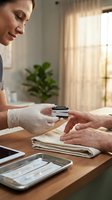 Female healthcare professional conducting blood glucose test on elderly patient hand in bright medical office setting for diabetes management.