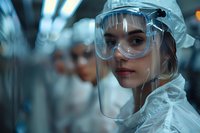 Healthcare worker in protective equipment with face shield and PPE suit during pandemic emergency, dramatic medical portrait in blue tones for healthcare concept.
