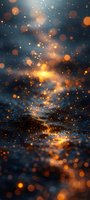 Magical glowing orange and gold bokeh lights floating against dark blue background with sparkles and light particles creating dreamy atmospheric effect.