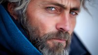 Dramatic close-up portrait of mature Caucasian man with gray beard and intense gaze wearing blue winter coat, showing contemplative expression against blurred background.