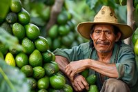 Senior Latino farmer harvesting fresh green limes in citrus orchard, wearing traditional hat and work clothes, surrounded by ripe fruit on trees.