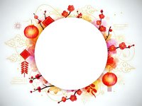 Chinese New Year festive round frame with red lanterns, plum blossoms, traditional ornaments and golden decorative elements for holiday greeting cards.