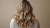 Back view of woman with blonde wavy hair, showing professional balayage highlights against neutral beige background, styled in loose beach waves.