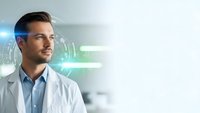 Professional male doctor in white coat with futuristic digital interface technology overlay for healthcare innovation and medical research concepts.