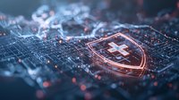 Glowing shield with medical cross symbol on digital circuit background with red light particles, representing healthcare data protection and cybersecurity concept.
