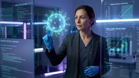 Professional woman scientist analyzing holographic virus model in futuristic laboratory with digital interface technology for medical research and development.
