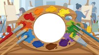 Art class studio scene with diverse students painting and creating artwork around wooden table with colorful paint palette, brushes, and supplies. Educational creative environment for children's learning.