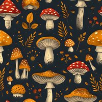 Seamless pattern with red and orange amanita mushrooms, autumn leaves and botanical elements on dark background. Nature inspired repeat design for fabric.