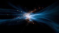 Dramatic collision of blue light beams and orange sparks against dark background creates cosmic energy burst effect with glowing particles and streaks.