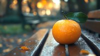 Fresh ripe mandarin with water drops and green leaf on wooden surface against blurred bokeh background, moody atmospheric lighting.