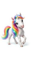 Adorable white unicorn with rainbow mane and tail isolated on white background for children's designs and fantasy projects.