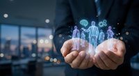 Business professional holding holographic family figures in cupped hands representing life insurance protection and financial security planning.