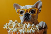 Cream French Bulldog wearing yellow glasses peeks over large container of popcorn against orange background, creating humorous movie night concept.