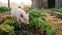 Young pink pig foraging among fresh vegetables in rustic farm garden with wooden structures and hay, suitable for agricultural, farming, and livestock content.