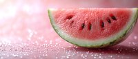 Fresh juicy watermelon slice on pink glitter background with bokeh effect and copy space, summer refreshment concept for healthy eating and lifestyle.