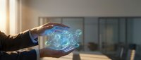 Professional businessman holding glowing digital brain hologram with network connections in modern office environment representing artificial intelligence.