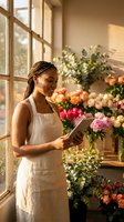 Young African American female florist with braids using tablet in flower shop surrounded by colorful bouquets and natural sunlight streaming through windows.