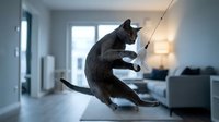 Black cat jumping and playing with string toy in modern bright living room interior with furniture and windows.