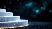 Glowing white steps ascending into starry night sky with magical bokeh lights and sparkles against dark background, creating mystical atmosphere.